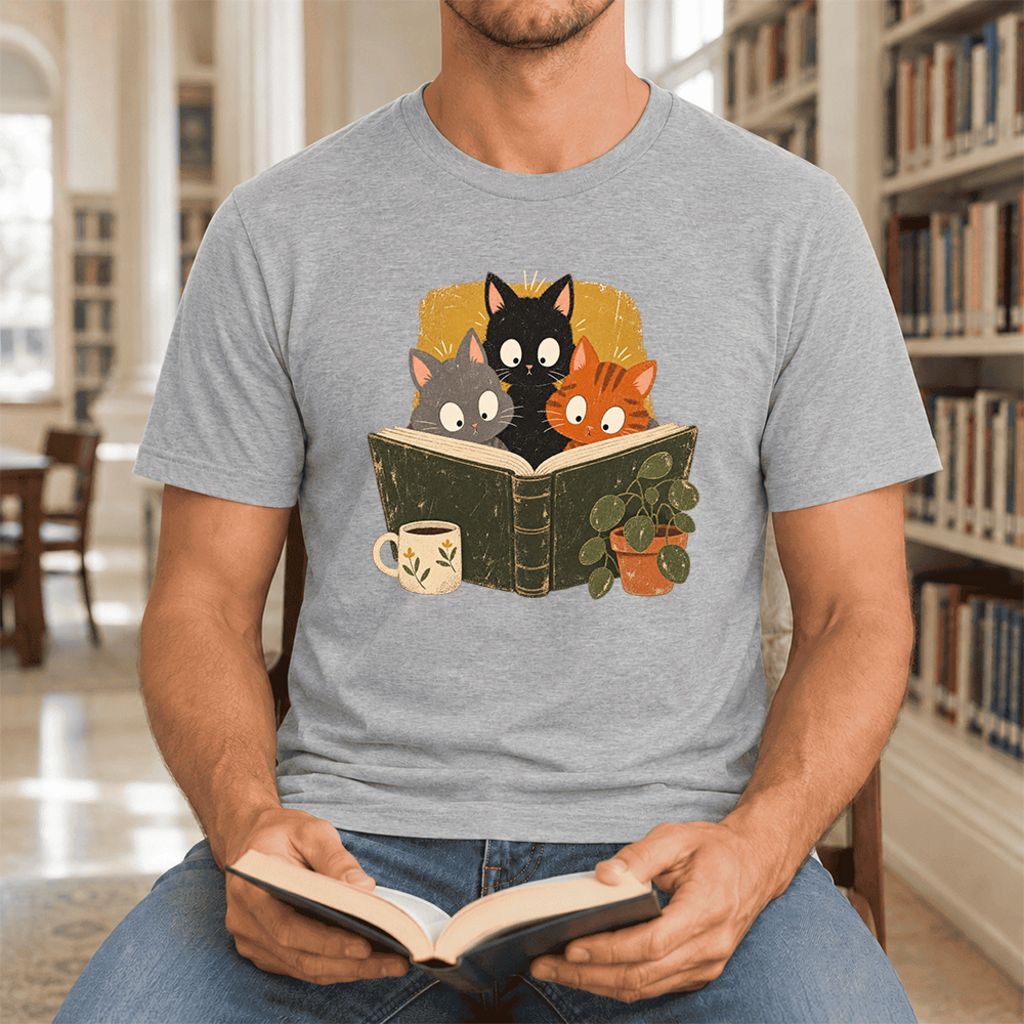 Curious Reading Cats Ultra-Soft Cotton T-Shirt | Cat Lover Reader Gift Athletic Heather