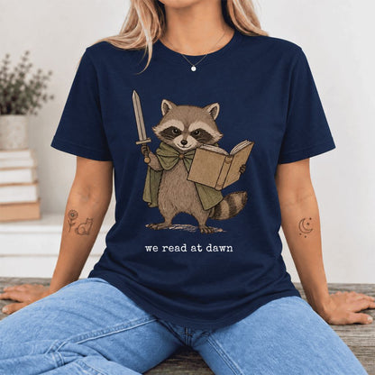 We Read At Dawn Funny Racoon Ultra-Soft Cotton T-Shirt | Playful Reader Gift Navy