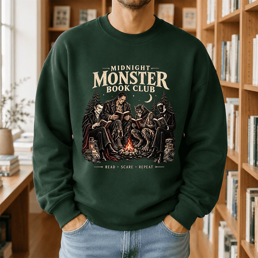 Midnight Monster Book Club Printed Sweatshirt | Halloween Book Lover Gift Forest Green