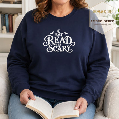 Eat Read Be Scary Embroidered Sweatshirt | Halloween Book Lover Gift Navy