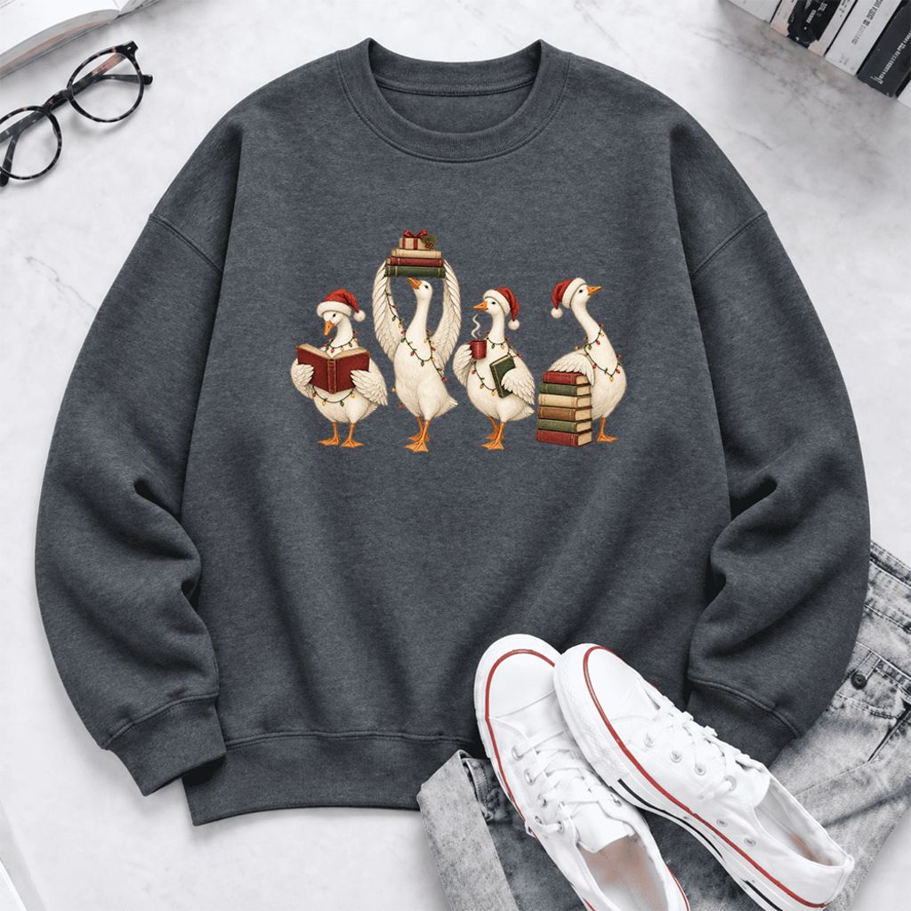 Christmas Reading Ducks Softstyle Sweatshirt | Christmas Book Lover Gift Dark Heather