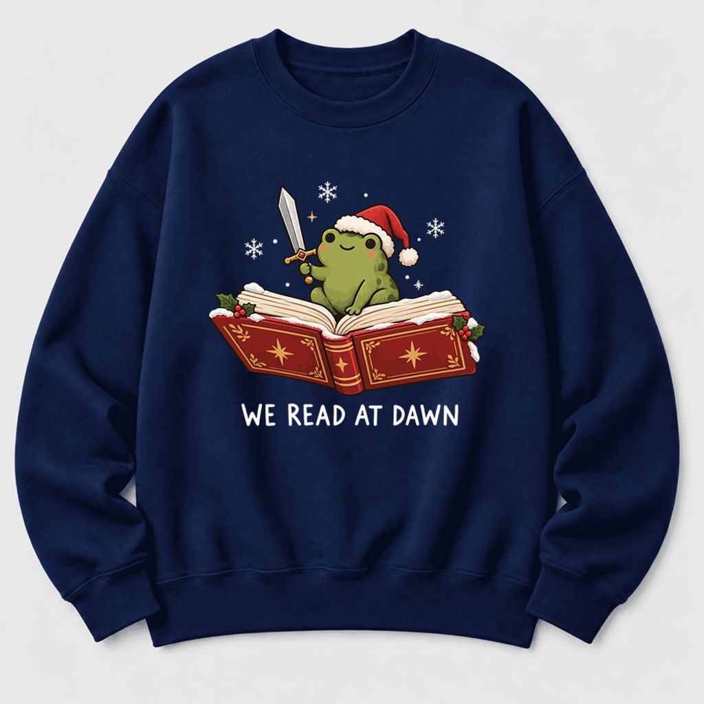 We Read At Dawn Frog Softstyle Sweatshirt | Christmas Book Lover Gift Navy