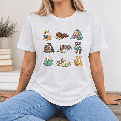 Funny Reading Dogs Ultra-Soft Cotton T-Shirt | Dog Mom Reader Gift Ash