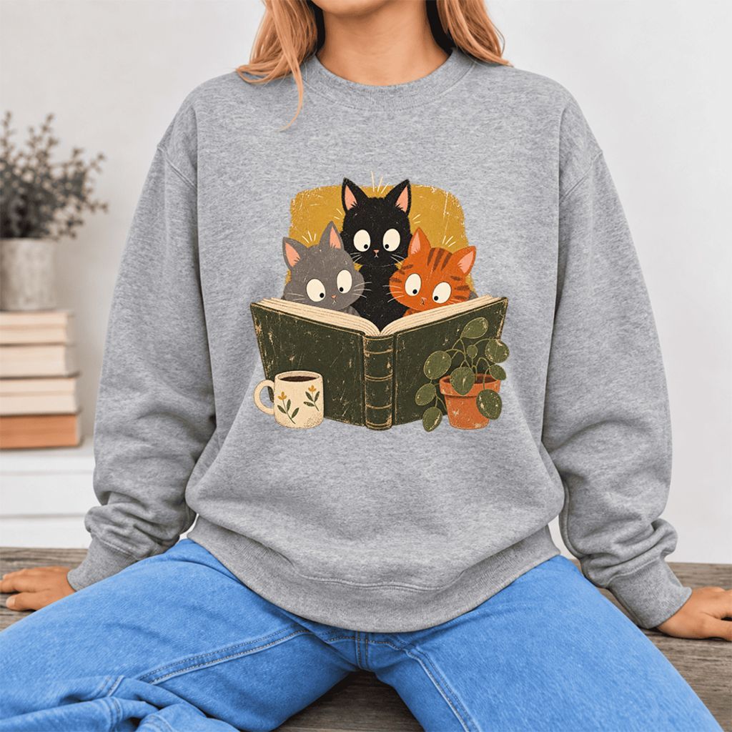 Curious Reading Cats Softstyle Sweatshirt | Cozy Book Lover Gift Sport Grey