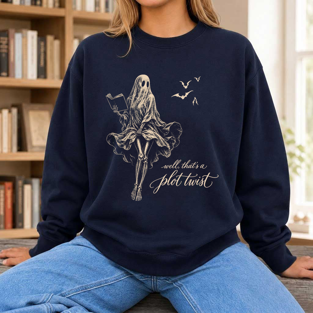 Funny Dress-Wearing Bookworm Ghost Printed Sweatshirt | Halloween Reader Gift Navy