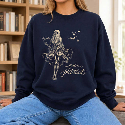 Funny Dress-Wearing Bookworm Ghost Printed Sweatshirt | Halloween Reader Gift Navy