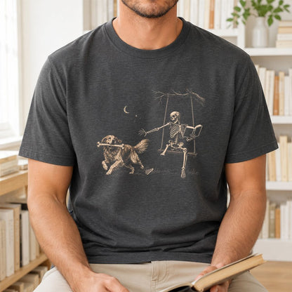 Funny Reading Book With Golden Retriever Printed T-Shirt | Halloween Reader Gift Dark Heather
