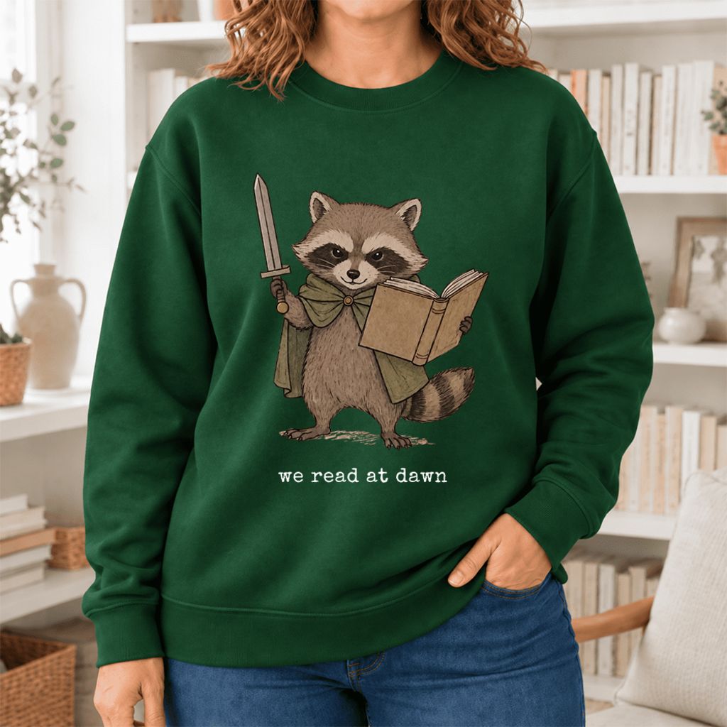 We Read At Dawn Funny Racoon Softstyle Sweatshirt | Cozy Book Lover Gift Forest Green