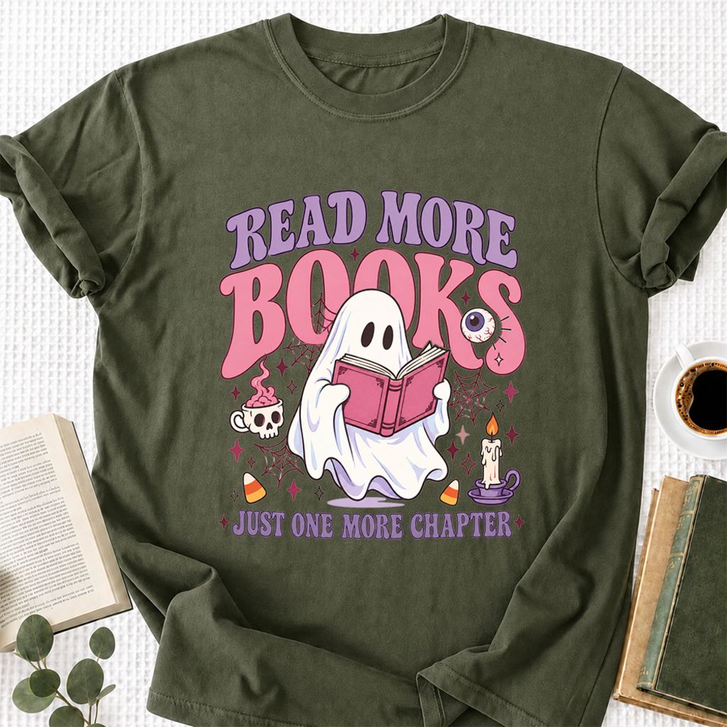 Read More Books Ghost Printed T-Shirt | Halloween Book Lover Gift Military Green