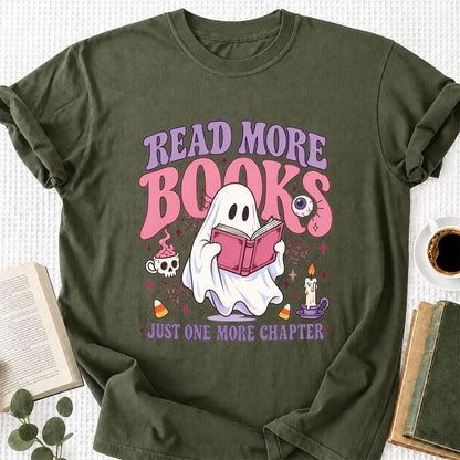 Read More Books Ghost Printed T-Shirt | Halloween Book Lover Gift Military Green