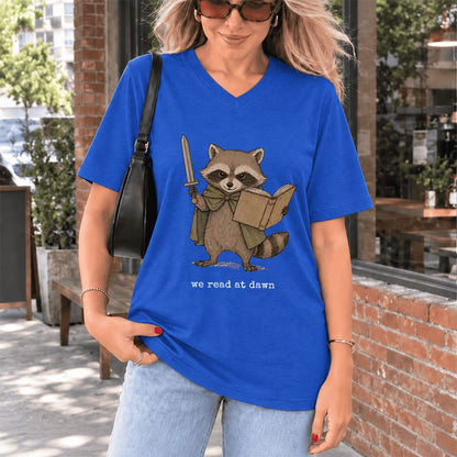 We Read At Dawn Funny Racoon Ultra-Soft V-Neck | Cozy Book Lover Gift True Royal