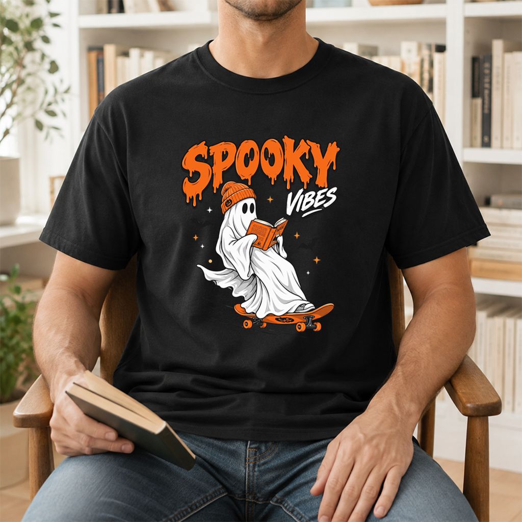 Spooky Vibes Printed T-Shirt | Halloween Book Lover Gift Black