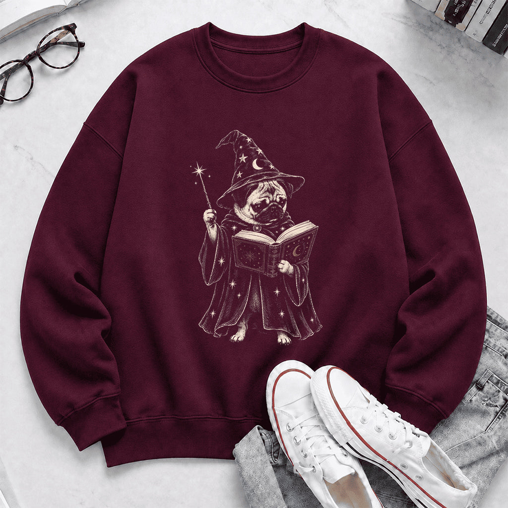 Cute Pug Witch Reading Book Printed Sweatshirt | Halloween Book Lover Gift Maroon