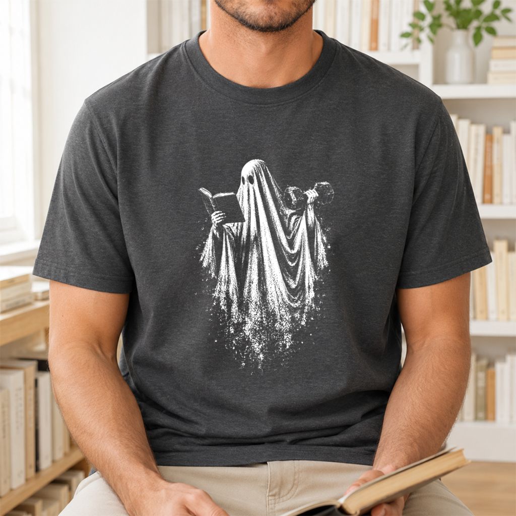 Reading Gym Ghost Printed T-Shirt | Halloween Book Lover Gift Dark Heather