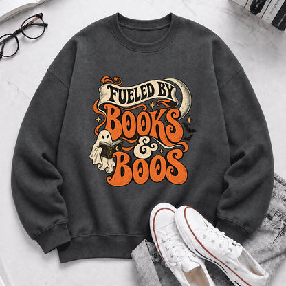 Fueled By Books & Boos Printed Sweatshirt | Halloween Book Lover Gift Dark Heather