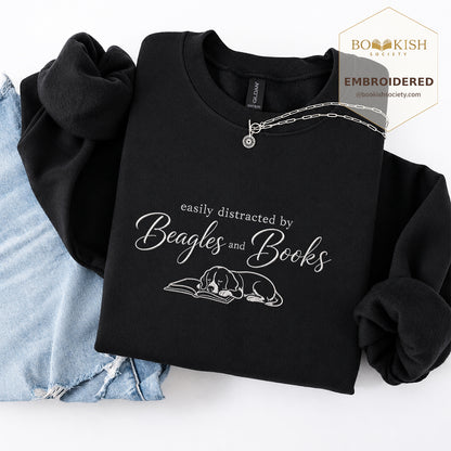 Easily Distracted By Beagles And Books Embroidered Sweatshirt | Dog Lover & Reader Gift Black