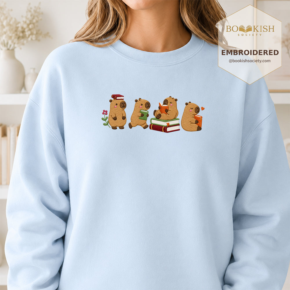 Reading Capybaras Embroidered Sweatshirt | Reader Gift Light Blue