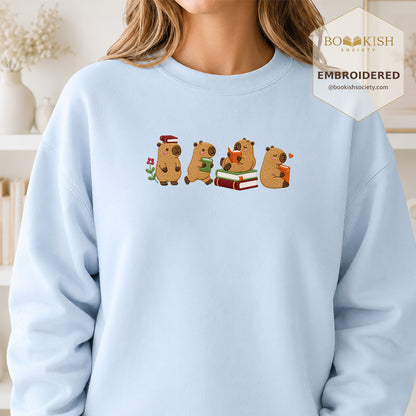 Reading Capybaras Embroidered Sweatshirt | Reader Gift Light Blue