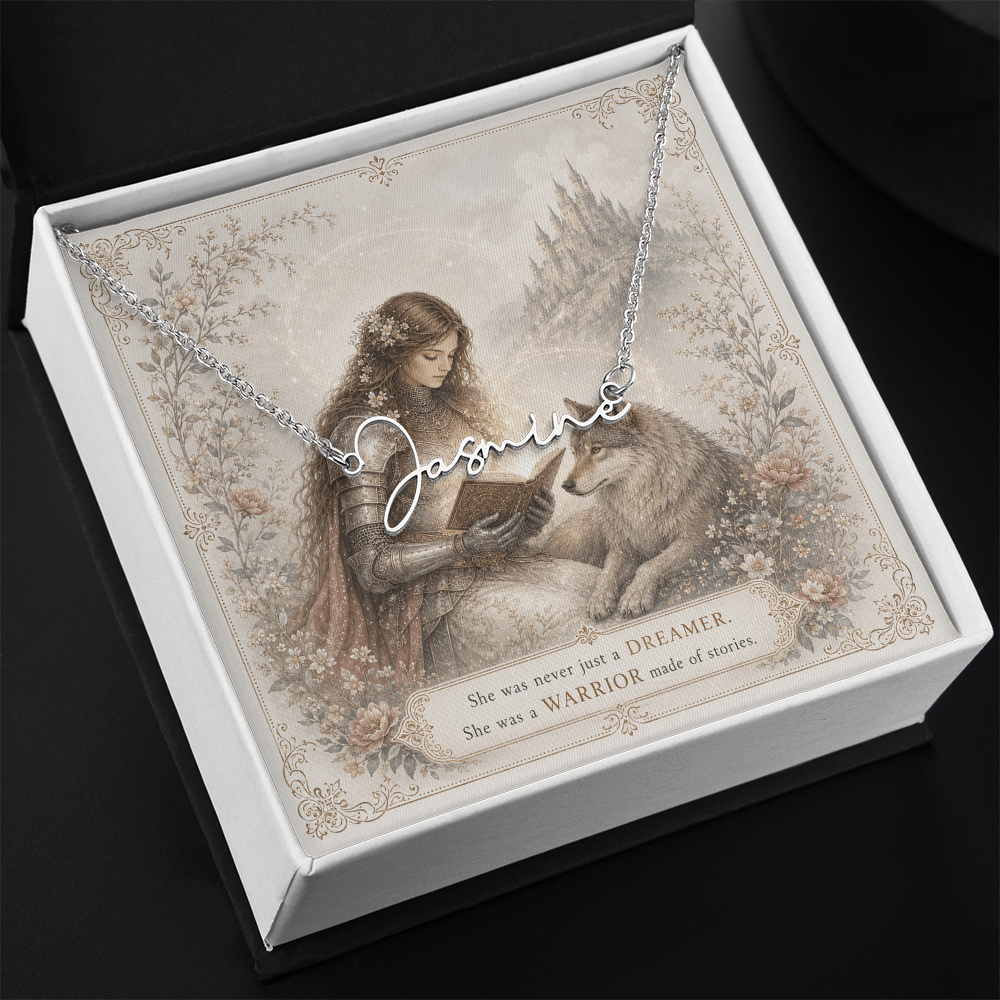 Lady Knight Reading Decorative Card And Custom Name Polished Stainless Steel Necklace With Box Book Lover Gift Font 2