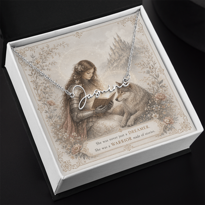 Lady Knight Reading Decorative Card And Custom Name Polished Stainless Steel Necklace With Box Book Lover Gift Font 2