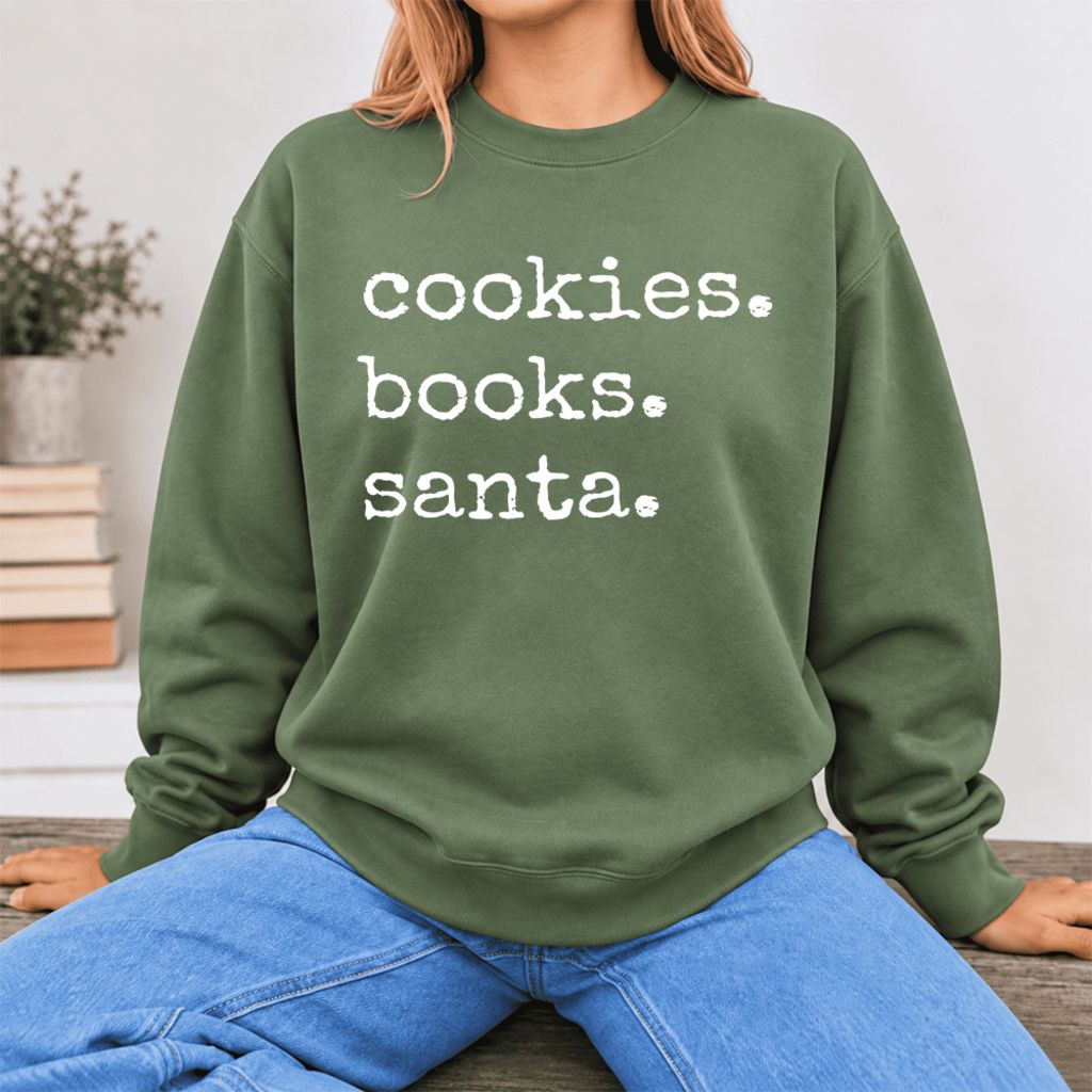 Cookies Books Santa Softstyle Sweatshirt | Christmas Book Lover Gift Military Green