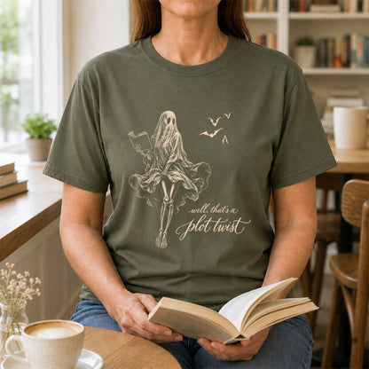 Funny Dress-Wearing Bookworm Ghost Printed T-Shirt | Halloween Book Lover Gift Military Green