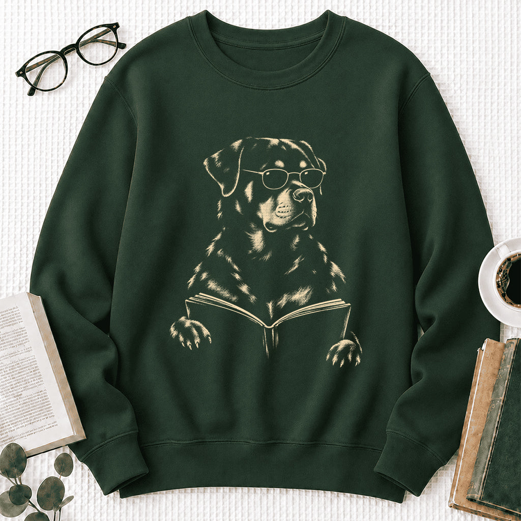Rottweiler Reading Book Crewneck Sweatshirt | Reader Gift Forest Green