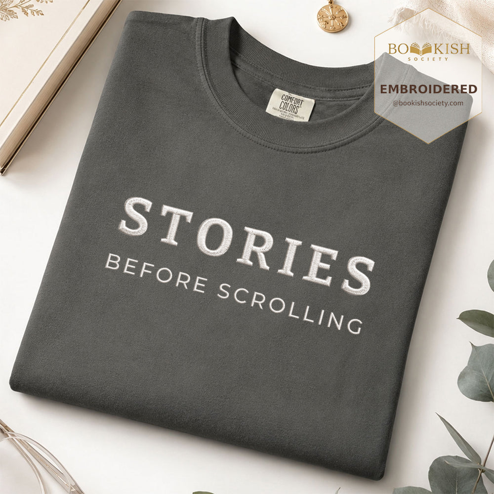 Embroidered Stories Before Scrolling Comfort Color® T-shirt Book Lover Gift Pepper