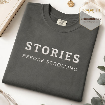 Embroidered Stories Before Scrolling Comfort Color® T-shirt Book Lover Gift Pepper