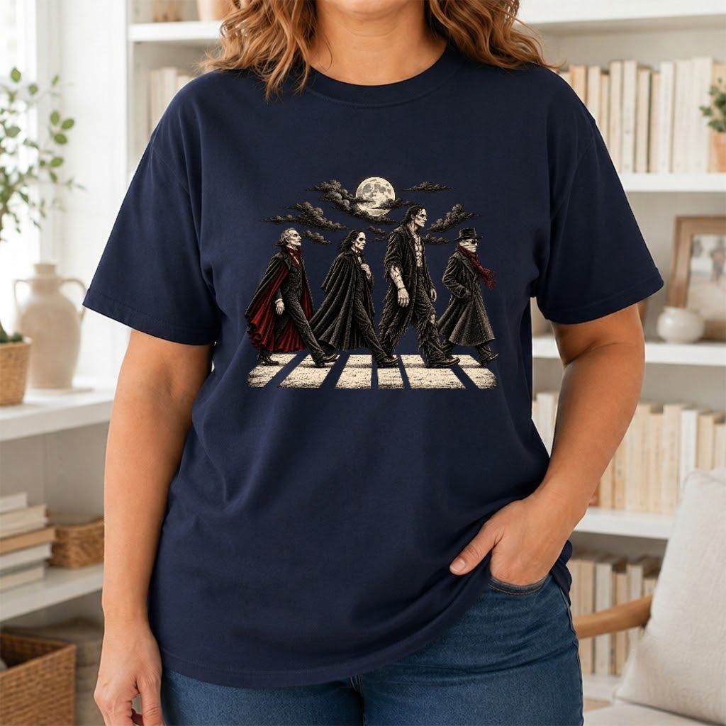Monsters Road Printed T-Shirt | Halloween Book Lover Gift Navy