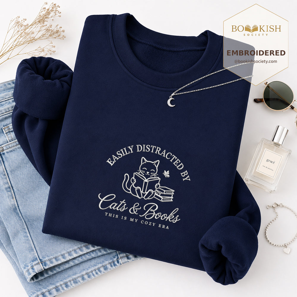 Easily Distracted By Cats And Books V2 Embroidered Sweatshirt | Reader Gift Navy