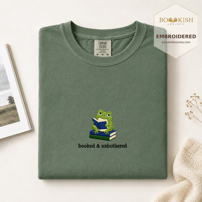 Booked and Unbothered Embroidered Comfort Color® T-shirt | Book Lover Gift Moss
