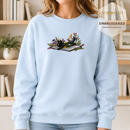 Cat and Book Embroidered Sweatshirt | Reader Gift Light Blue
