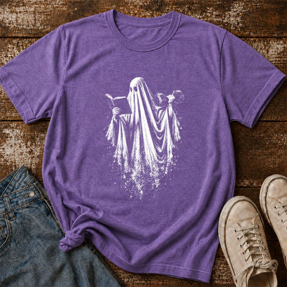 Reading Gym Ghost Printed T-Shirt | Halloween Book Lover Gift Heather Purple