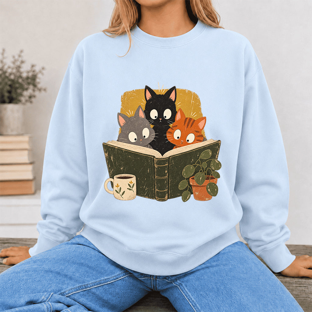 Minimal Japanese Cats Reading Crewneck Sweatshirt | Reader Gift Light Blue