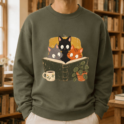 Minimal Japanese Cats Reading Crewneck Sweatshirt | Reader Gift Military Green