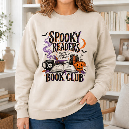 Spooky Readers Book Club Printed Sweatshirt | Halloween Book Lover Gift Sand