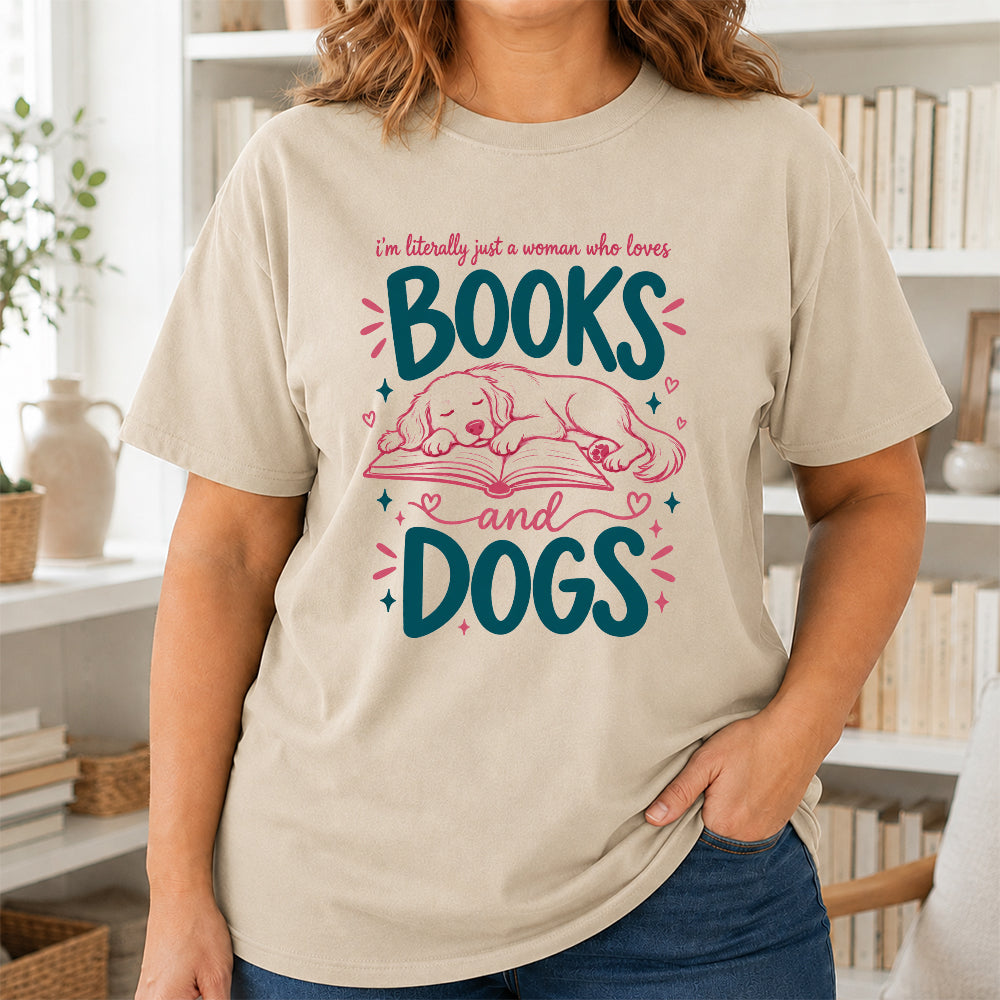 Just A Woman Who Loves Books and Dogs Cotton T-Shirt | Dog Lover & Reader Gift Sand