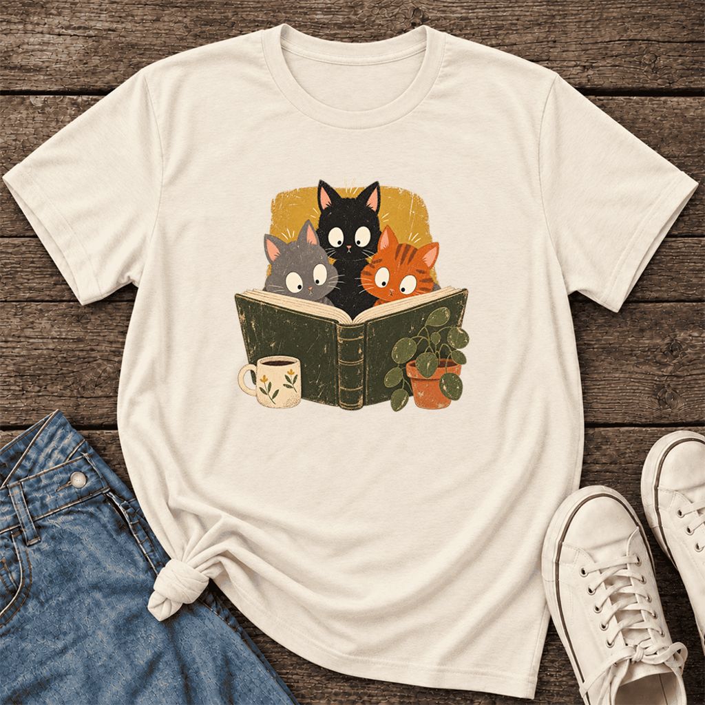 Curious Reading Cats Ultra-Soft Cotton T-Shirt | Cat Lover Reader Gift Natural
