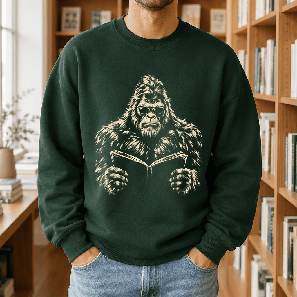 Big Foot Reading Book Crewneck Sweatshirt | Reader Gift Forest Green