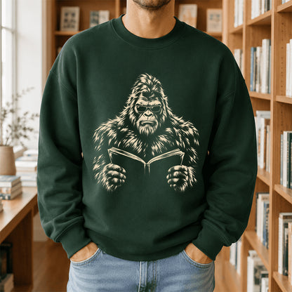 Big Foot Reading Book Crewneck Sweatshirt | Reader Gift Forest Green