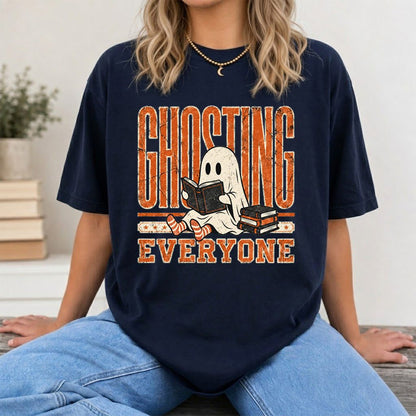 "Ghosting Everyone" Printed T-Shirt | Halloween Reader Gift Navy