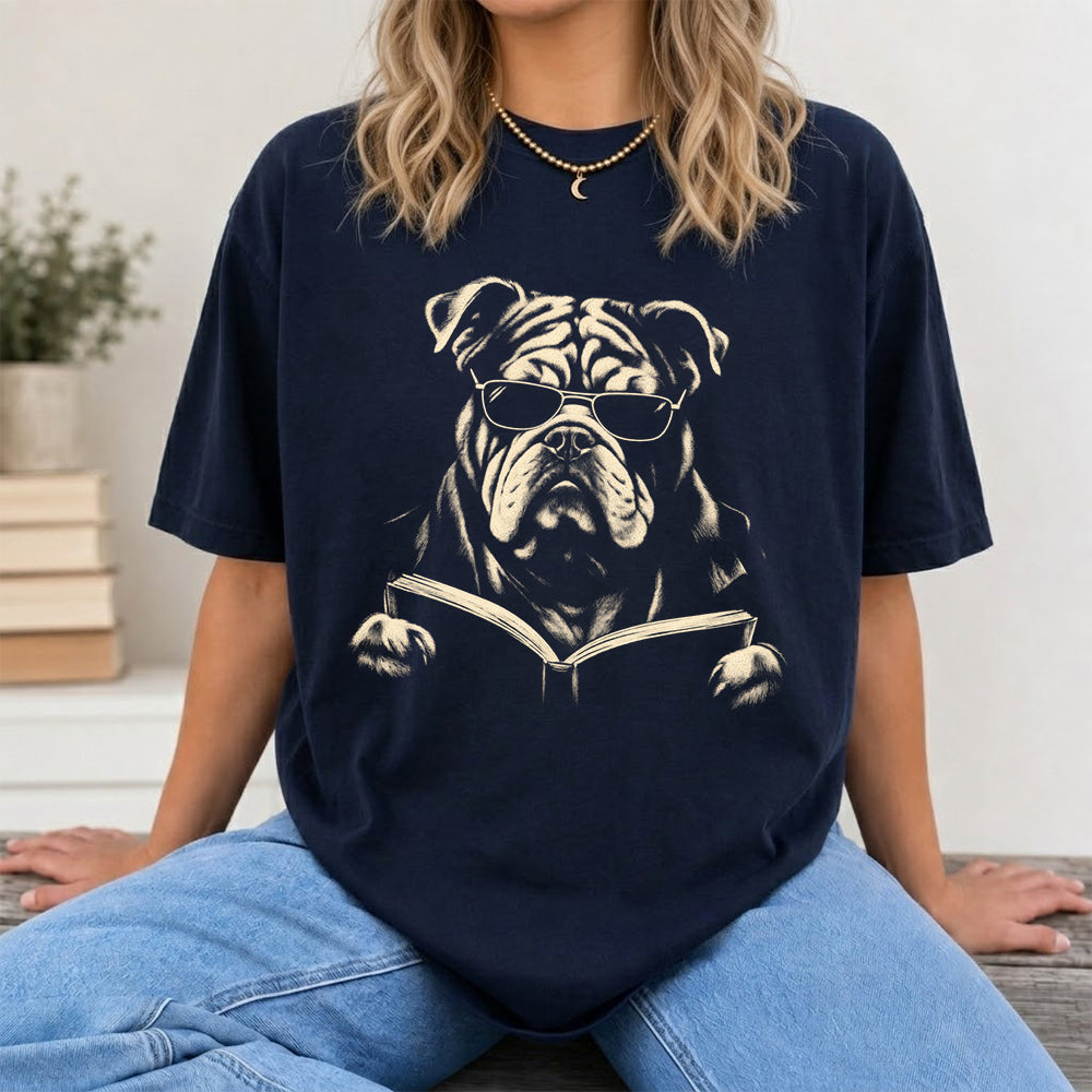 Bulldog Reading Book Softstyle T-Shirt | Book Lover Gift Navy