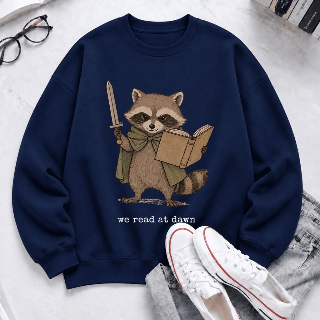 We Read At Dawn Funny Racoon Softstyle Sweatshirt | Cozy Book Lover Gift Navy