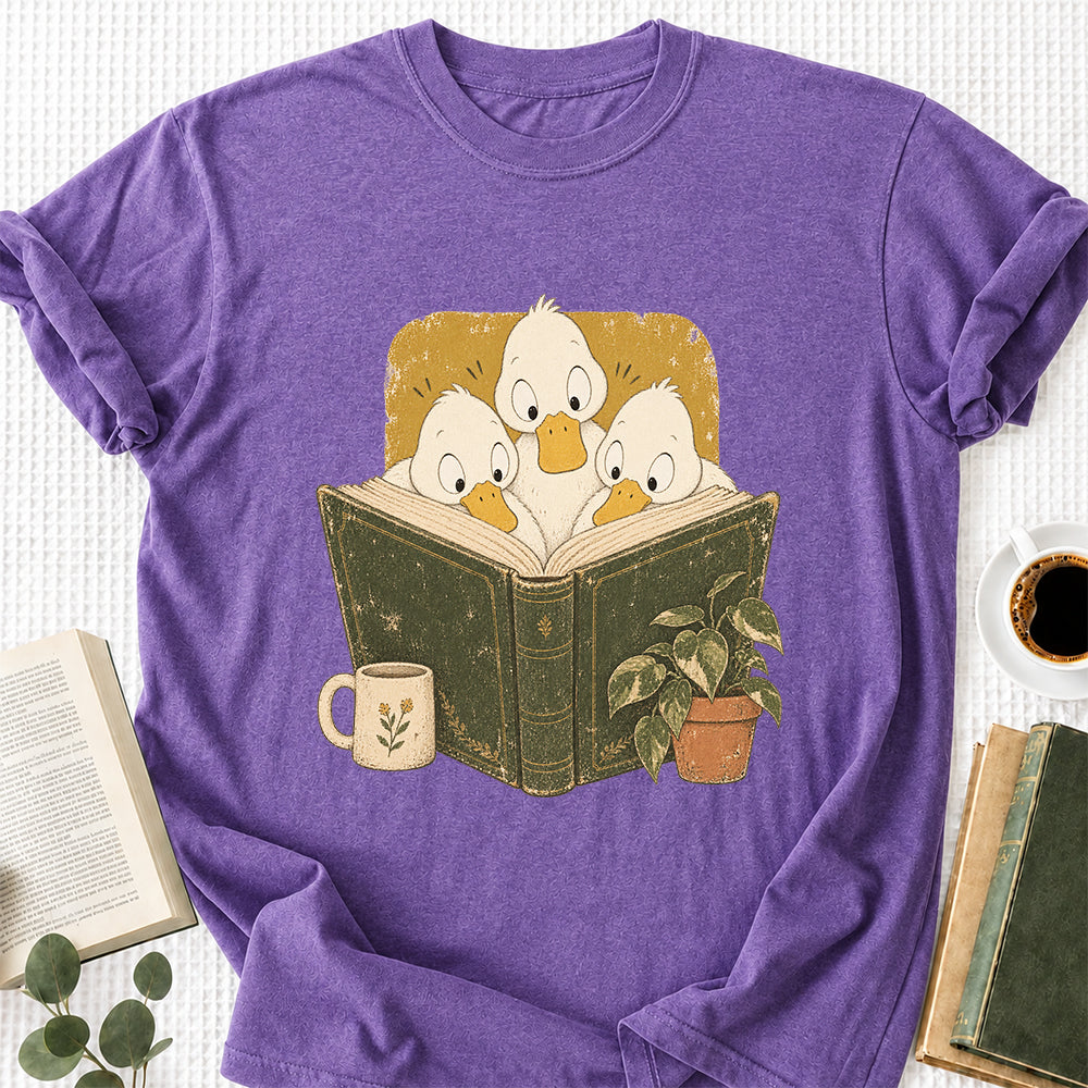 Minimal Japanese Ducks Reading Softstyle T-Shirt | Book Lover Gift Heather Purple
