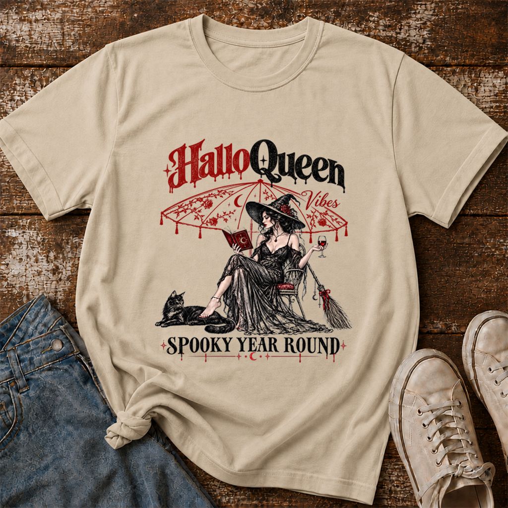 Halloqueen Spooky Year Round Printed T-Shirt | Halloween Book Lover Gift Sand