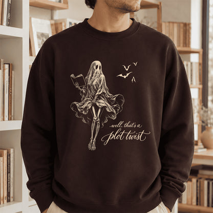 Funny Dress-Wearing Bookworm Ghost Printed Sweatshirt | Halloween Reader Gift Dark Chocolate