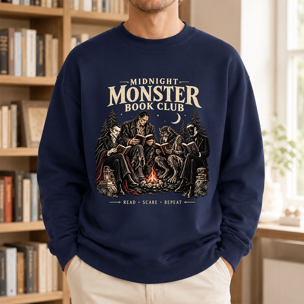 Midnight Monster Book Club Printed Sweatshirt | Halloween Book Lover Gift Navy