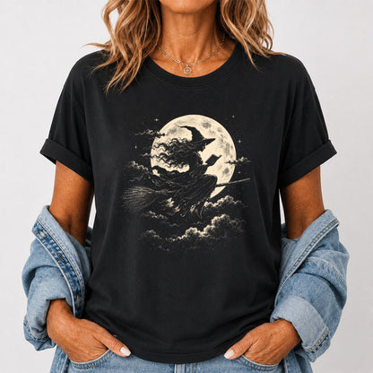 Reading Witch On The Flying Broom Printed T-Shirt | Halloween Book Lover Gift Black
