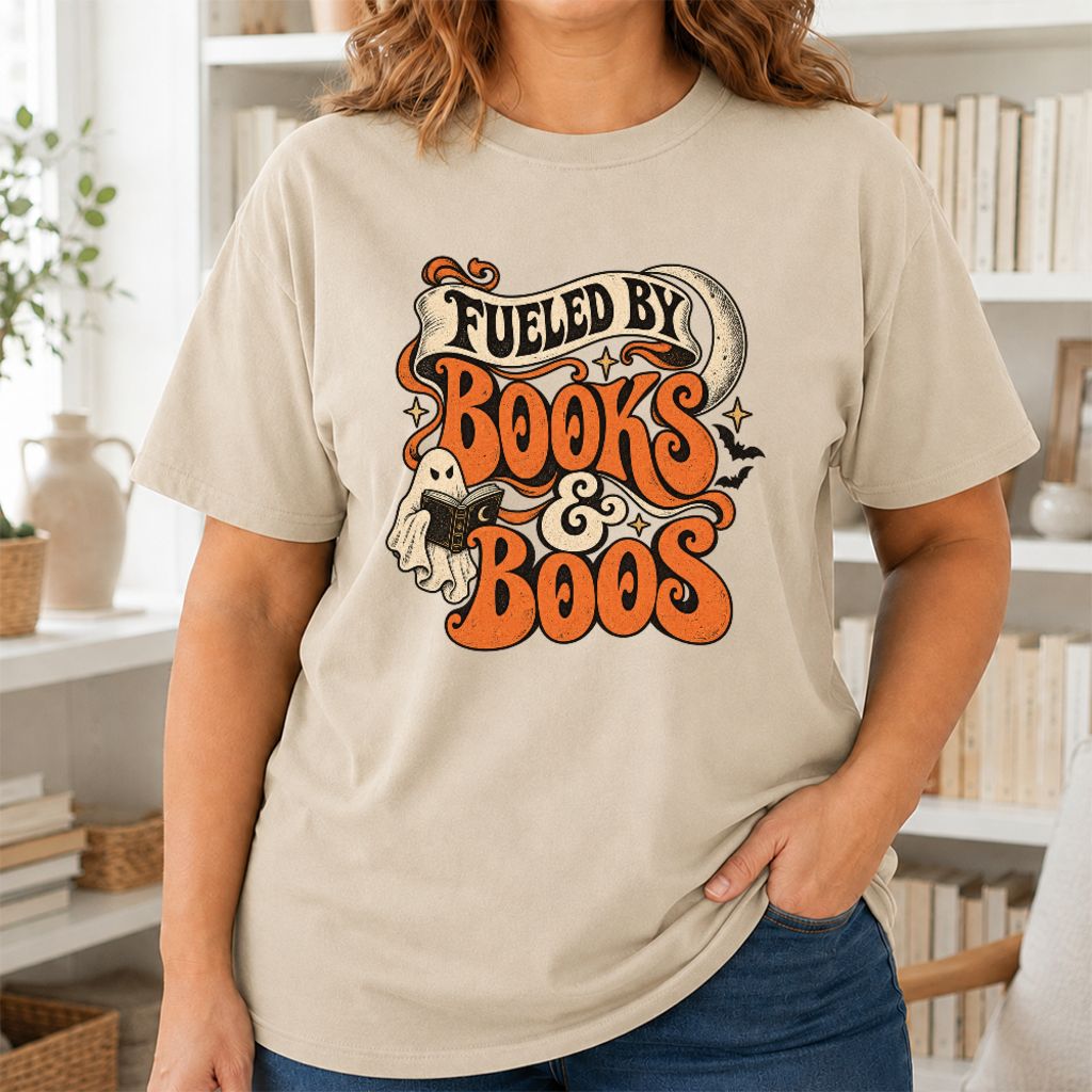 Fueled By Books & Boos Printed T-Shirt | Halloween Book Lover Gift Sand